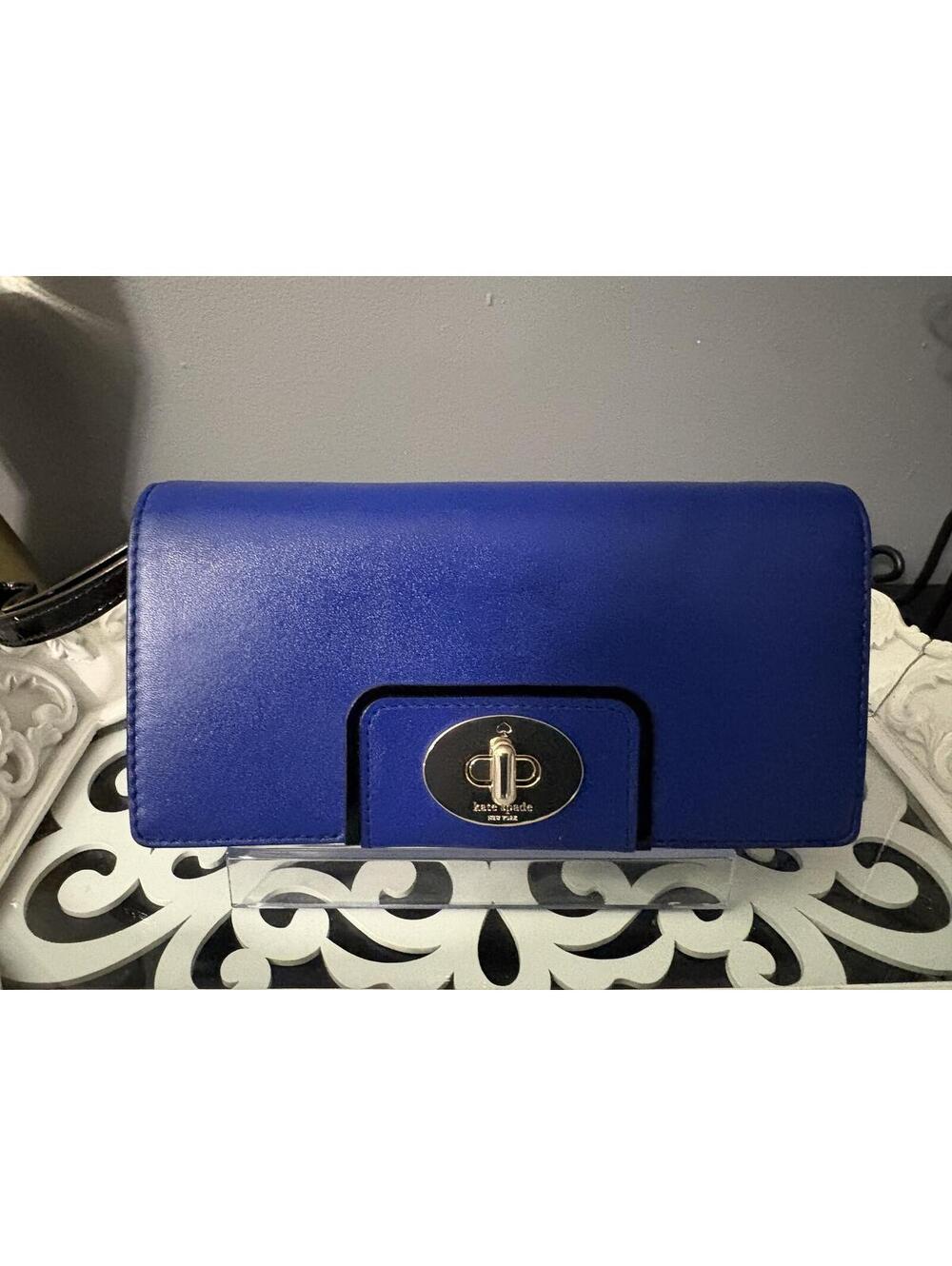 Kate Spade Royal Blue Leather Turnlock Flap Clutch Wallet Crossbody